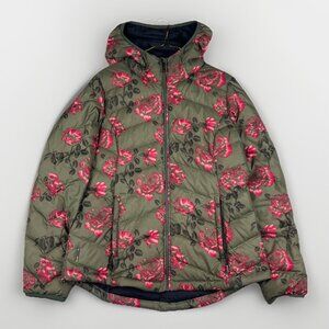 Lole Green Duck Down Feather Quilted Puffer Hooded Jacket  Floral AOP Size L